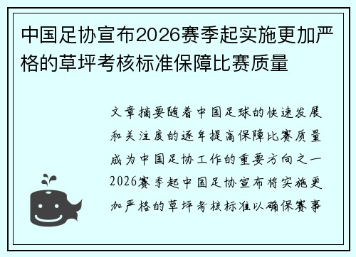 中国足协宣布2026赛季起实施更加严格的草坪考核标准保障比赛质量 中国足协宣布2026赛季起实施更加严格的草坪考核标准保障比赛质量