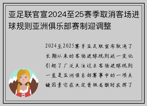 亚足联官宣2024至25赛季取消客场进球规则亚洲俱乐部赛制迎调整 亚足联官宣2024至25赛季取消客场进球规则亚洲俱乐部赛制迎调整