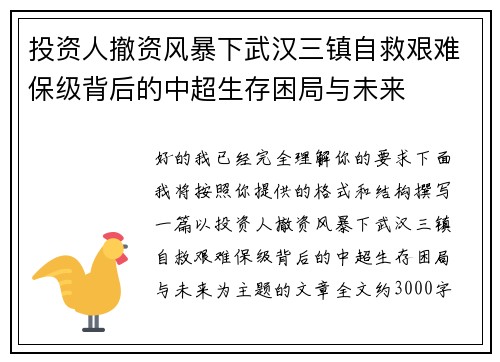 投资人撤资风暴下武汉三镇自救艰难保级背后的中超生存困局与未来
