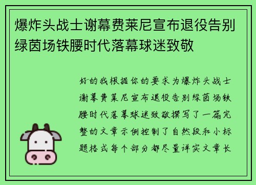 爆炸头战士谢幕费莱尼宣布退役告别绿茵场铁腰时代落幕球迷致敬